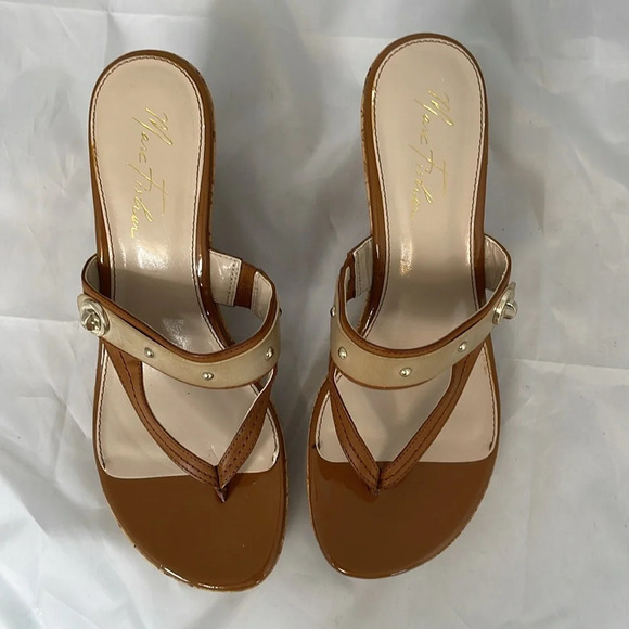 MARC FISHER OReally Platform Cork Wedge Thong Sandals 2 Tone Brown Vegan 9.5 - Picture 8 of 12